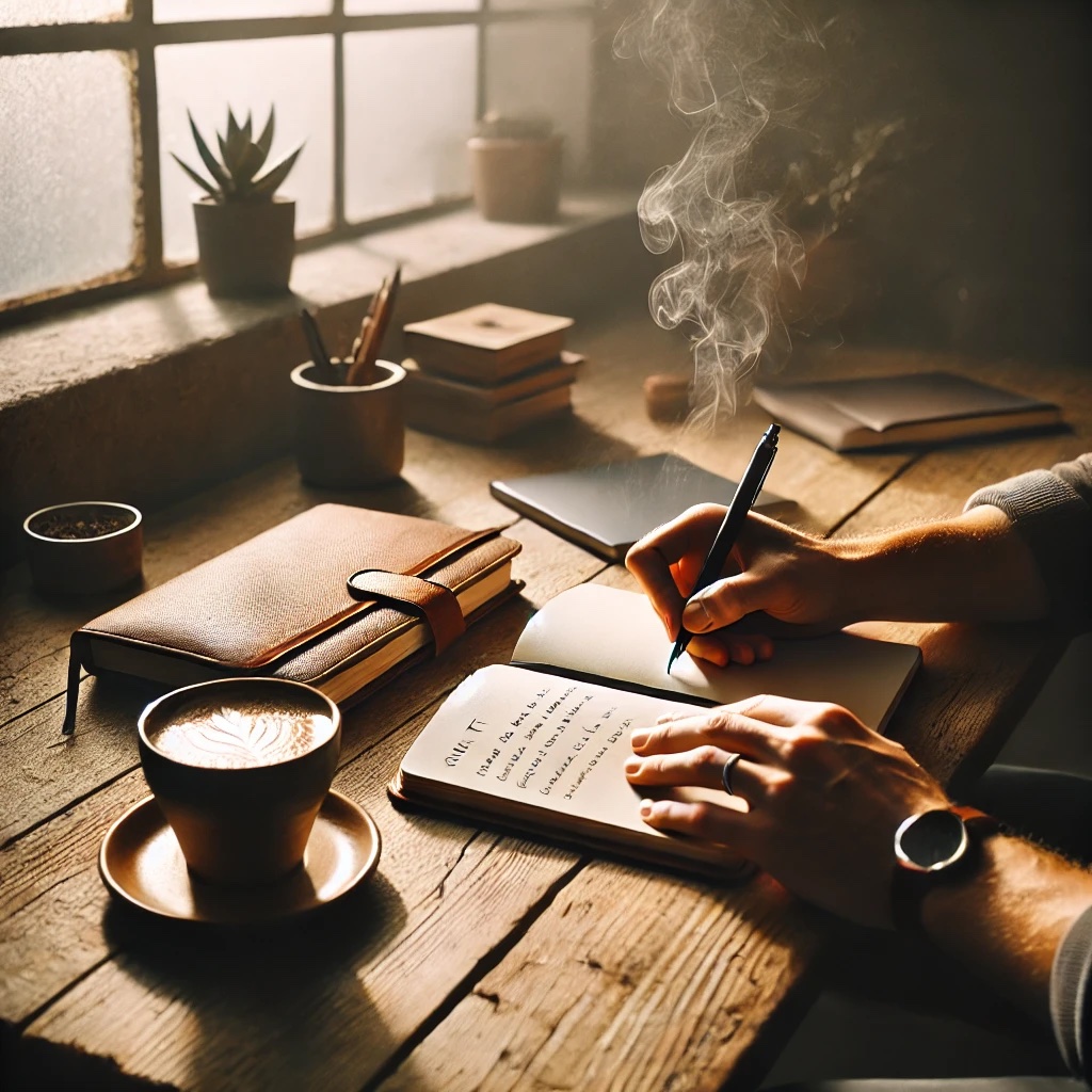 Person writing in a cozy workspace, symbolizing the creation of positive habits and productivity