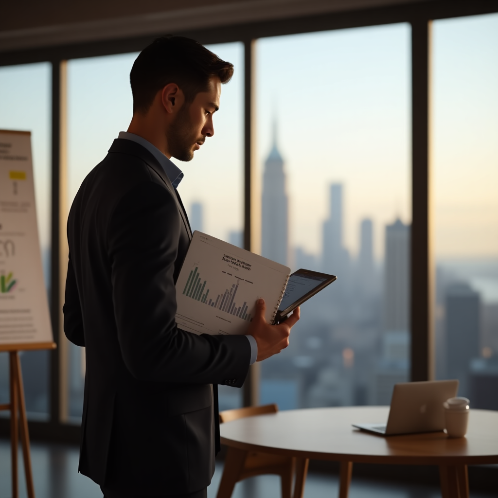 Emprendedor inmobiliario en su oficina con vista a la ciudad, revisando estrategias en su laptop mientras sostiene un portafolio de propiedades. Su expresión refleja determinación y el desafío de encontrar nuevos inversionistas.