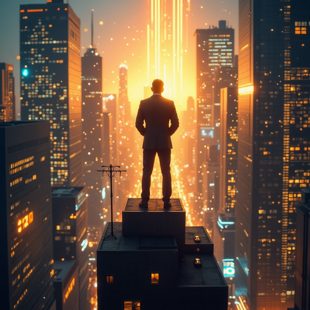 Emprendedor visionario de pie sobre un rascacielo, observando una ciudad futurista llena de gráficos de ventas digitales, flujos de datos brillantes y un mercado dinámico. La imagen simboliza el éxito, el crecimiento y la estrategia en la escalabilidad de ventas.